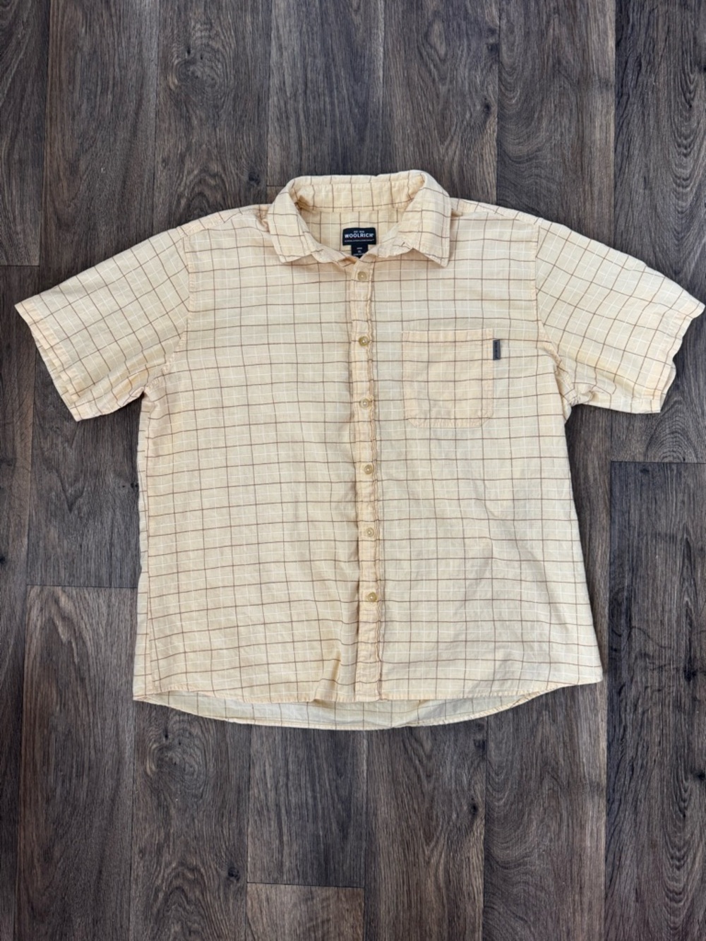 Woolrich Men's Short Sleeve Light Yellow Cotton Plaid Button-Up Shirt